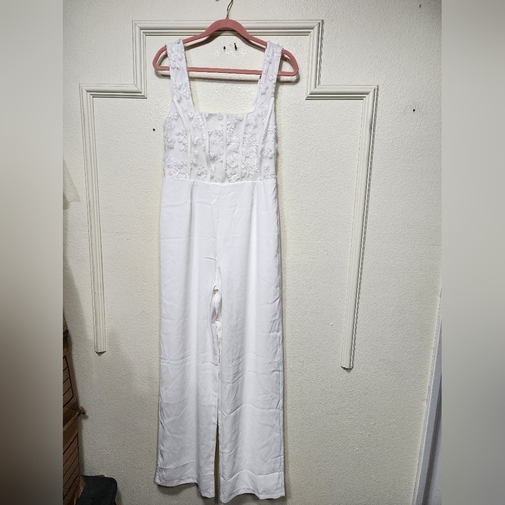 Lulus Truly Profound White Mesh 3D Floral Embroidered Bustier Jumpsuit M Wedding - Picture 6 of 10
